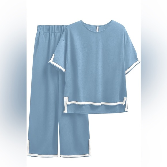 Two Piece Matching Womens Lounge Sets Wide Leg Short Sleeves new - Picture 3 of 5